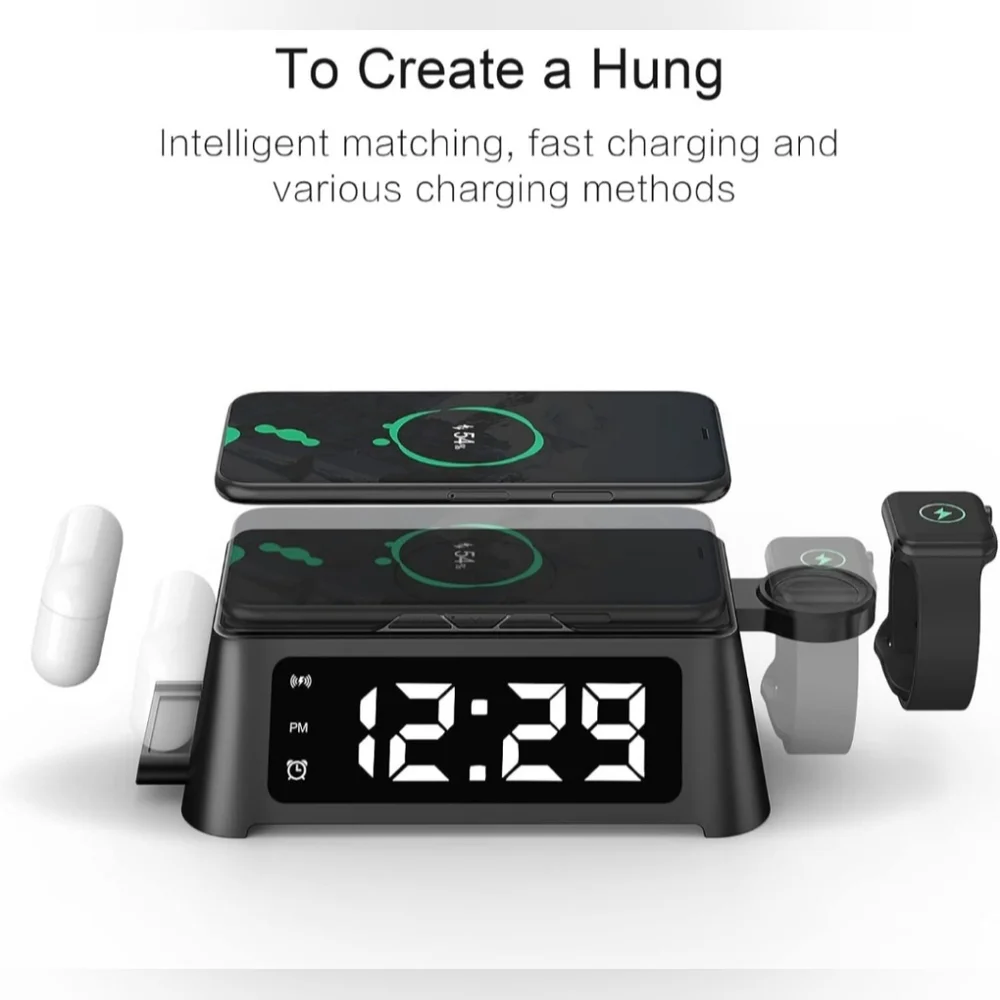 Black LED Clock with Wireless Charger